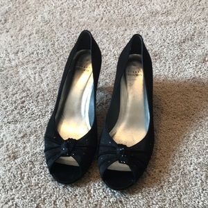 Stuart Weitzman black satin peep toe evening shoes